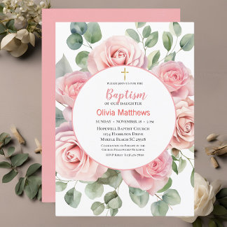 Doop Goud Kruis Roze Rozen Meisjes Kaart