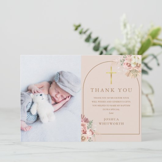 Doop Goud Pampas Gras Fotocollage Bedankkaart (Staand voorkant)