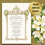 Doop Gouden Engelen Bloemendaal Vintage Kaart<br><div class="desc">Met een prachtig op maat ontworpen doopuitnodiging voor de doop met wit bloemontwerp en decoratief gouden  lijst met cherub-engelen. Alle tekst en lettertypen kunnen worden gewijzigd.</div>