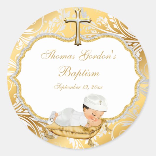 Doop gouden kruis voor baby jongen ronde sticker (Voorkant)