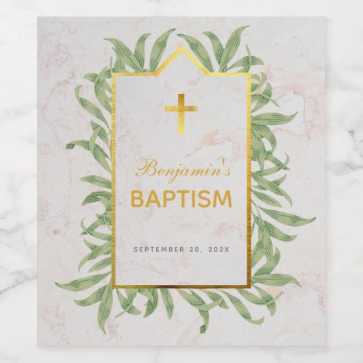 Doop Groen Faux Goud Kruis Marmer Botanisch Wijn Etiket (Enkel label)