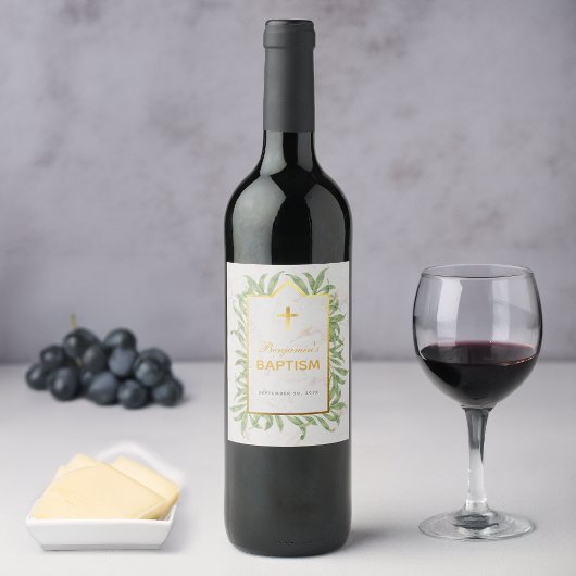 Doop Groen Faux Goud Kruis Marmer Botanisch Wijn Etiket