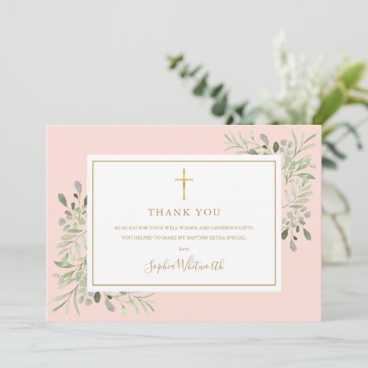 Doop groen goud en blush roze foto bedankkaart (Staand voorkant)