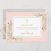 Doop groen goud en blush roze foto bedankkaart (Voorkant / Achterkant)