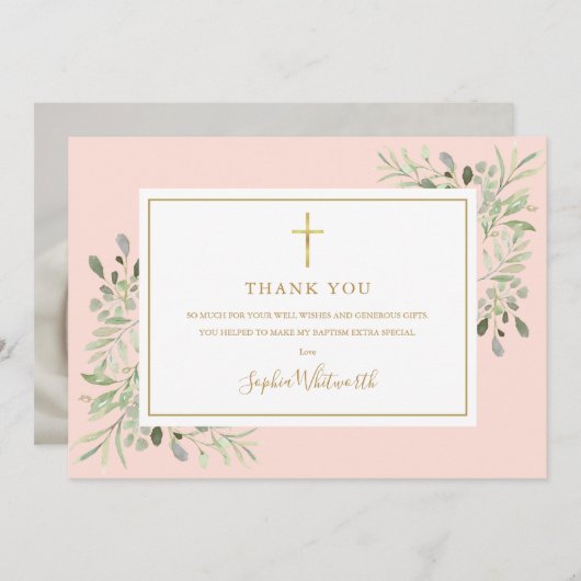 Doop groen goud en blush roze foto bedankkaart (Voorkant / Achterkant)