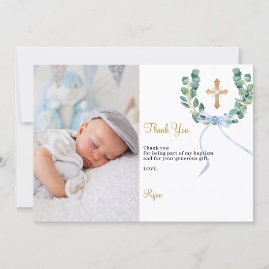 Doop groen krans blauwe foto bedankkaart kaart (Voorkant)