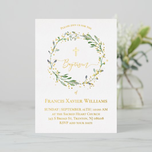 Doop groene krans folie uitnodiging (Staand Voorkant)