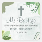 Doop in het Spaans Bautismo Boho Green Leaves Vierkante Sticker (Voorkant)