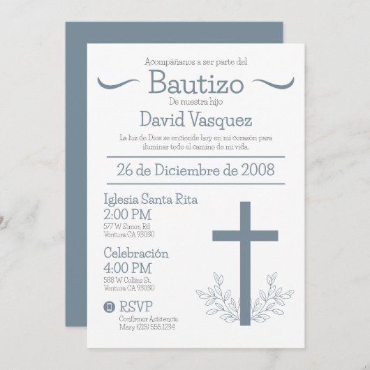 Doop in het Spaans Schattige Bautizo Kruis en blad Kaart (Voorkant / Achterkant)