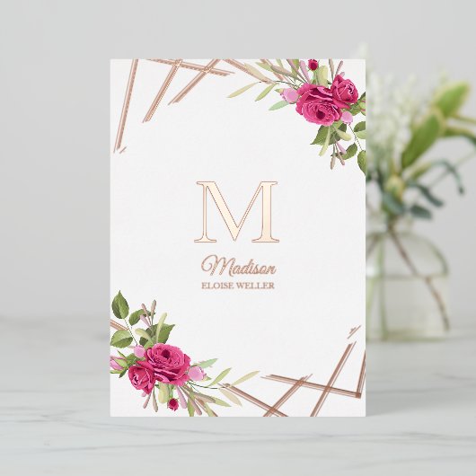 Doop Initiaal Botanische Geometrische Vorm Folie Uitnodiging (Staand Voorkant)