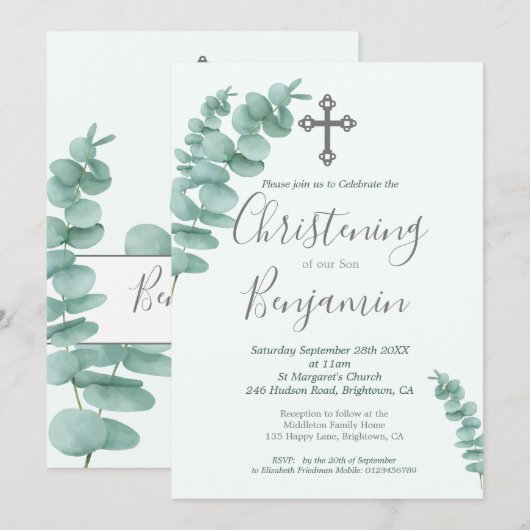 Doop Jongen Eucalyptus Groene Moderne Kaart (Voorkant / Achterkant)