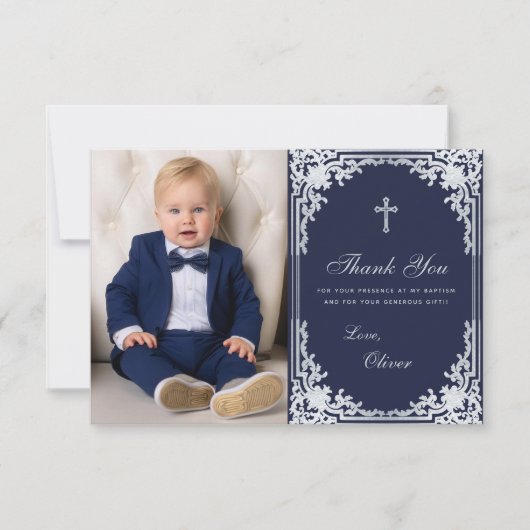 Doop Jongen Foto  Elegant Navy Blue Silver Bedankkaart (Voorkant)