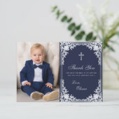 Doop Jongen Foto  Elegant Navy Blue Silver Bedankkaart (Staand voorkant)