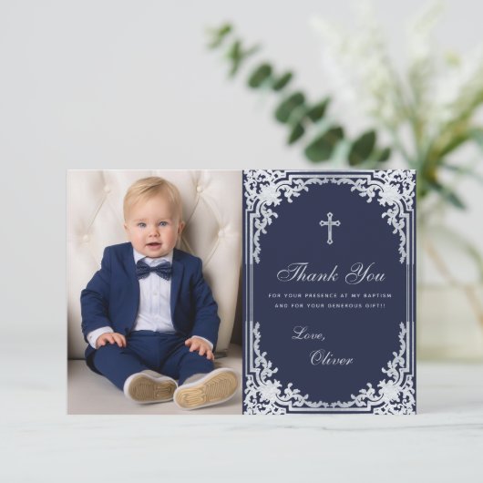 Doop Jongen Foto  Elegant Navy Blue Silver Bedankkaart (Staand voorkant)