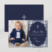 Doop Jongen Foto  Elegant Navy Blue Silver Bedankkaart (Voorkant / Achterkant)
