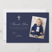 Doop Jongen Foto Faux Zilver Marine Blauw Script Bedankkaart (Voorkant)