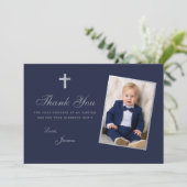 Doop Jongen Foto Faux Zilver Marine Blauw Script Bedankkaart (Staand voorkant)