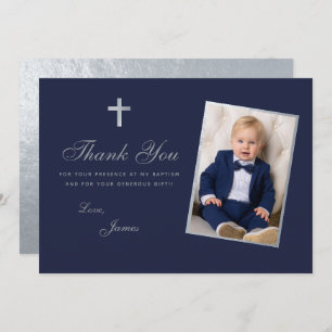 Doop Jongen Foto Faux Zilver Marine Blauw Script Bedankkaart