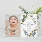 Doop jongen foto, groen blauw groen blad kaart (Staand voorkant)