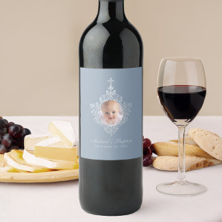 Doop Jongen Foto Stoffig Blauw  Crest Cross Wijn Etiket