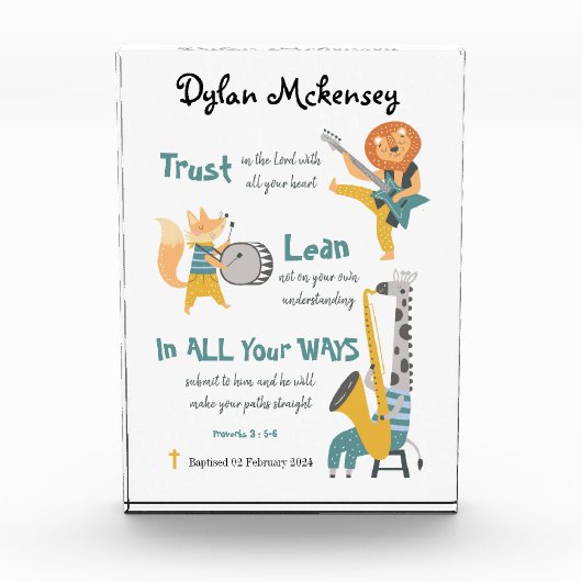 Doop jongen grappige muzikale dieren en bijbelvers fotoblokken (Voorkant)