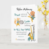 Doop jongen grappige muzikale dieren en bijbelvers kaart (Gele Bloem)