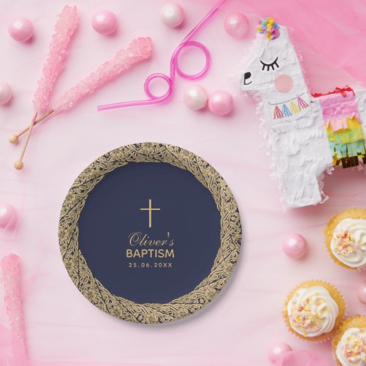 Doop Jongen Navy Blauw Goud Rozen Script  Papieren Bordje (Feest)