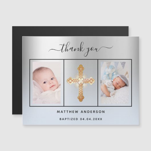 Doop jongen zilveren blauwe foto dank u magneet magnetische uitnodiging (Voorkant / Achterkant)