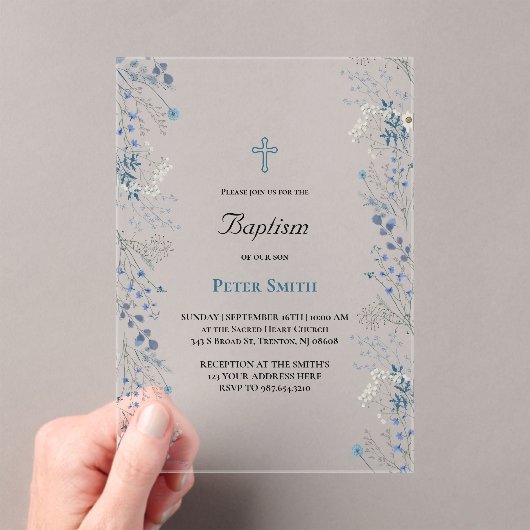 Doop kleine blauwe waterverf bloemetjes acryl uitnodigingen (Insitu (Draagbaar))