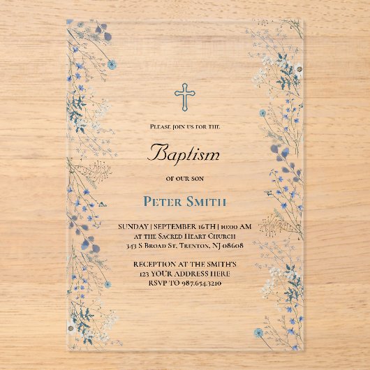 Doop kleine blauwe waterverf bloemetjes acryl uitnodigingen (Voorkant)