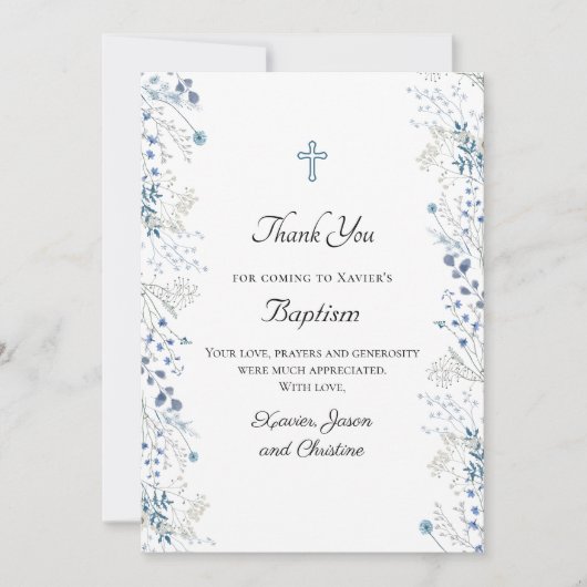 Doop kleine blauwe waterverf bloemetjes dank u kaart (Voorkant)