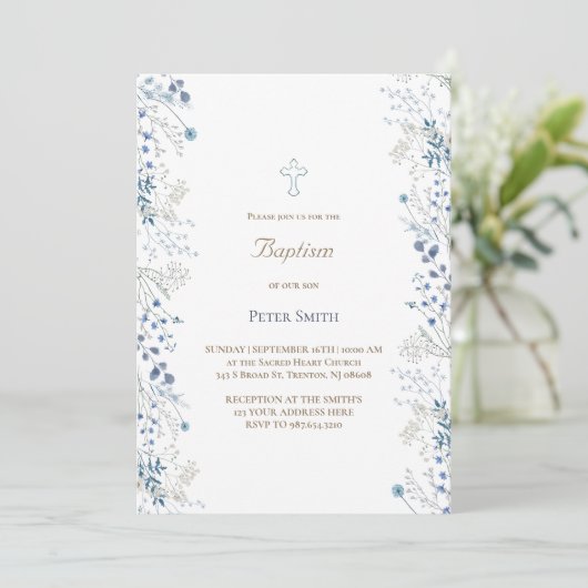 Doop kleine blauwe waterverf bloemetjes kaart (Staand voorkant)