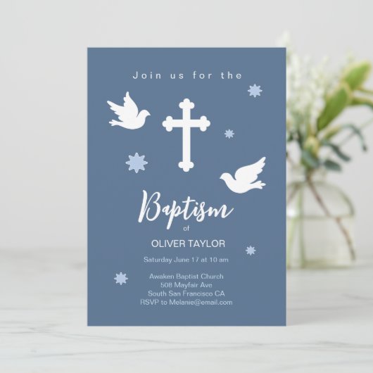 Doop Kruis en Duif Uitnodiging (Staand voorkant)