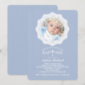 Doop Kruisblauw Foto uitnodiging (Voorkant / Achterkant)