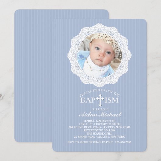 Doop Kruisblauw Foto uitnodiging (Voorkant / Achterkant)