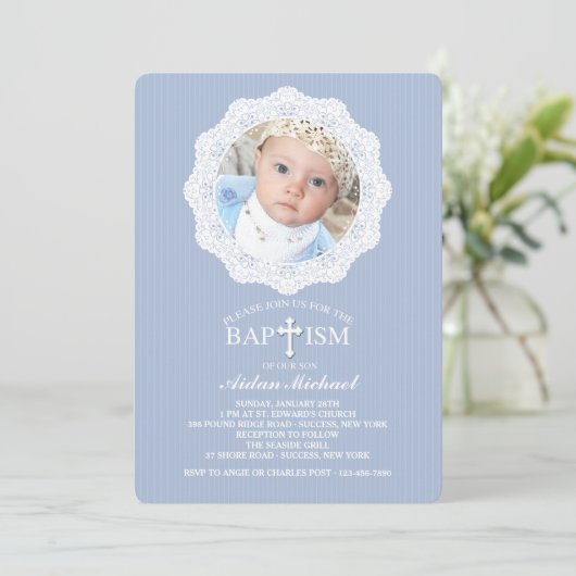 Doop Kruisblauw Foto uitnodiging (Staand voorkant)