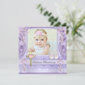 Doop Lavendel Roze Kruis Meisje Foto Doop Kaart (Staand voorkant)