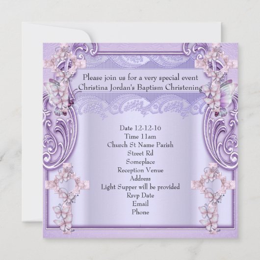 Doop Lavendel Roze Kruis Meisje Foto Doop Kaart (Achterkant)