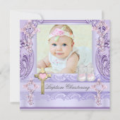 Doop Lavendel Roze Kruis Meisje Foto Doop Kaart (Voorkant)