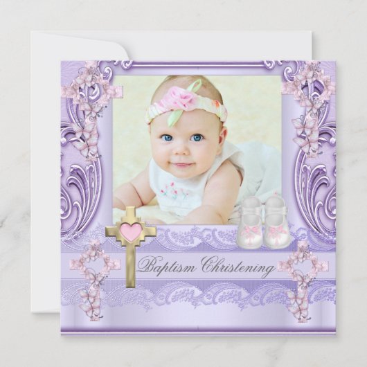 Doop Lavendel Roze Kruis Meisje Foto Doop Kaart (Voorkant)