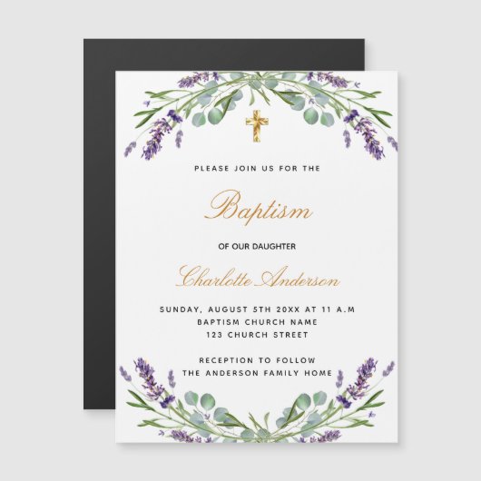 Doop lavendel viool bloem eucalyptus luxe magnetische uitnodiging (Voorkant / Achterkant)