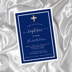 Doop marineblauwe witte babyjongen gouden kruis kaart