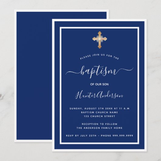 Doop marineblauwe witte babyjongen gouden kruis kaart (Voorkant / Achterkant)