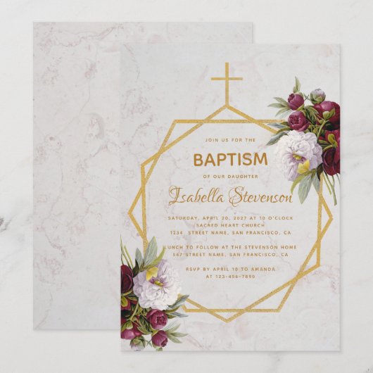 Doop Marmer Gouden Pioenrozen Vlinder Geometrisch Kaart (Voorkant / Achterkant)