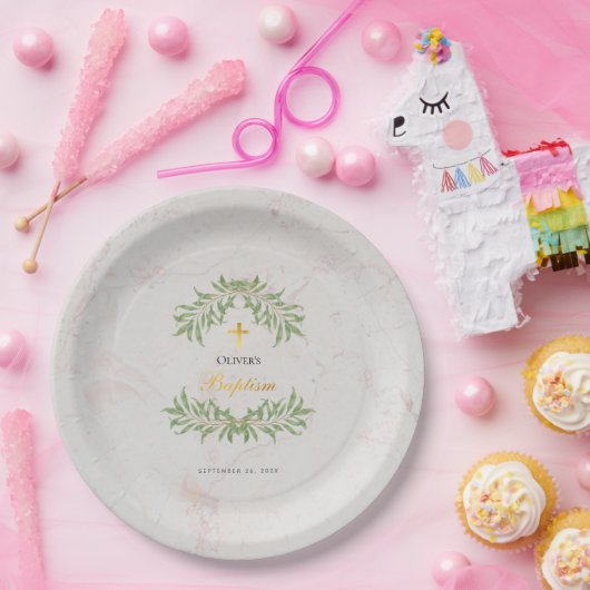 Doop Marmeren Bladergroen Faux Gold Script Papieren Bordje (Feest)