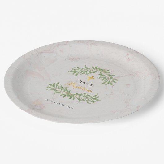 Doop Marmeren Bladergroen Faux Gold Script Papieren Bordje (Gekanteld)