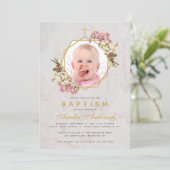 Doop Meisje Foto Bloemen Goud Roze Orchideeën Marm Kaart (Staand voorkant)