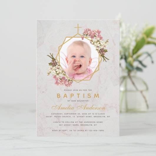 Doop Meisje Foto Bloemen Goud Roze Orchideeën Marm Kaart (Staand voorkant)