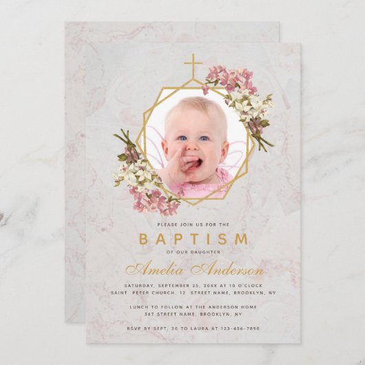 Doop Meisje Foto Bloemen Goud Roze Orchideeën Marm Kaart (Voorkant / Achterkant)