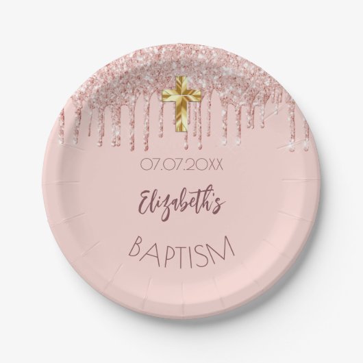 Doop meisje roos gouden glitter druppels naam papieren bordje (Voorkant)